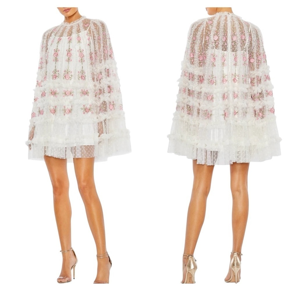 Mac Duggal 8031 White Floral Embroidered Ruffle Tent Dress Size 12 NWT